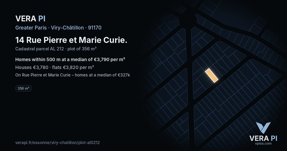 14 Rue Pierre et Marie Curie, Viry-Châtillon at night – the plot lit, the parcels around coloured by the prices near them
