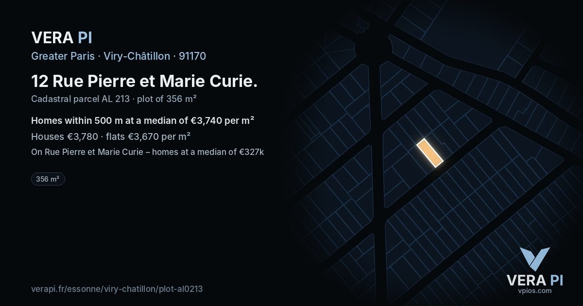 12 Rue Pierre et Marie Curie, Viry-Châtillon at night – the plot lit, the parcels around coloured by the prices near them