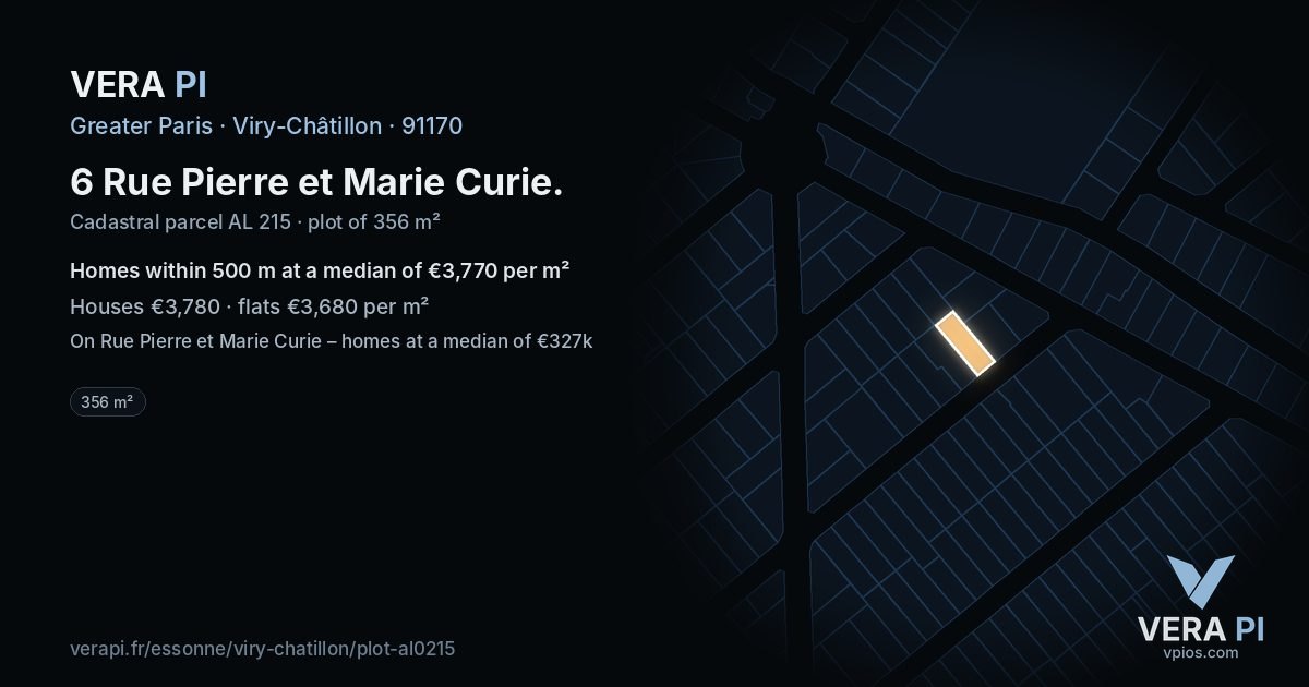 6 Rue Pierre et Marie Curie, Viry-Châtillon at night – the plot lit, the parcels around coloured by the prices near them