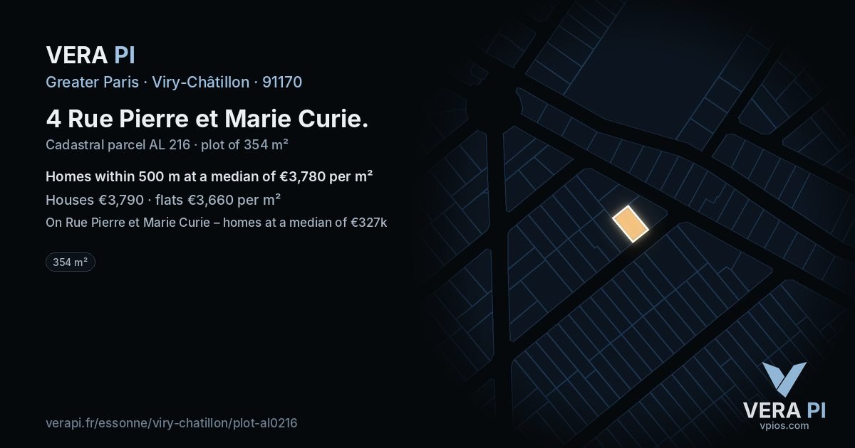4 Rue Pierre et Marie Curie, Viry-Châtillon at night – the plot lit, the parcels around coloured by the prices near them