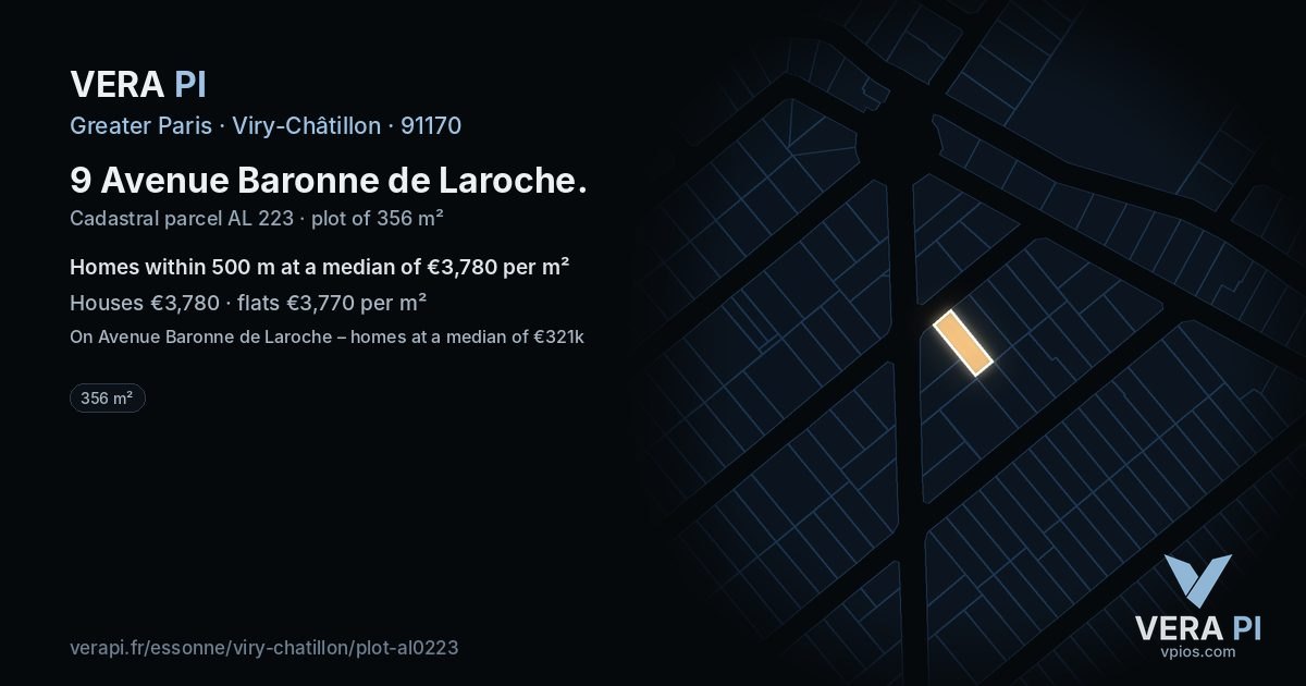 9 Avenue Baronne de Laroche, Viry-Châtillon at night – the plot lit, the parcels around coloured by the prices near them