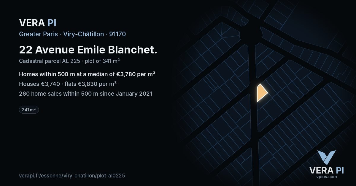 22 Avenue Emile Blanchet, Viry-Châtillon at night – the plot lit, the parcels around coloured by the prices near them