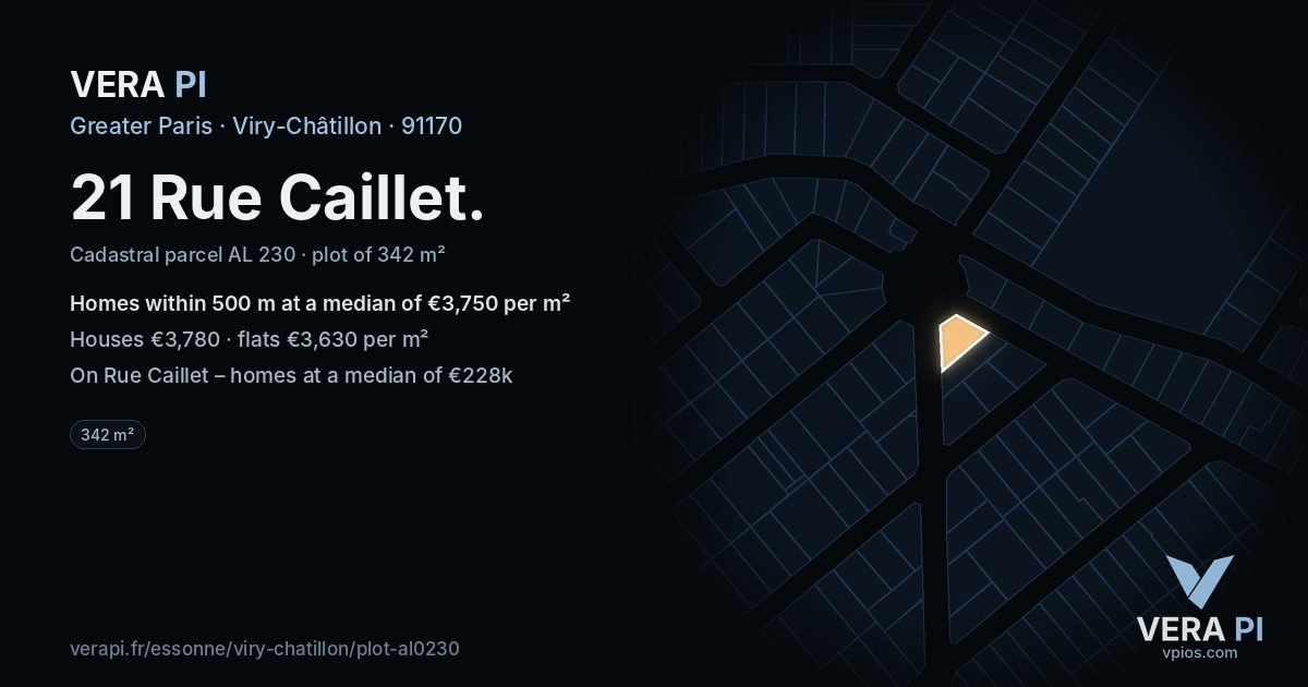21 Rue Caillet, Viry-Châtillon at night – the plot lit, the parcels around coloured by the prices near them