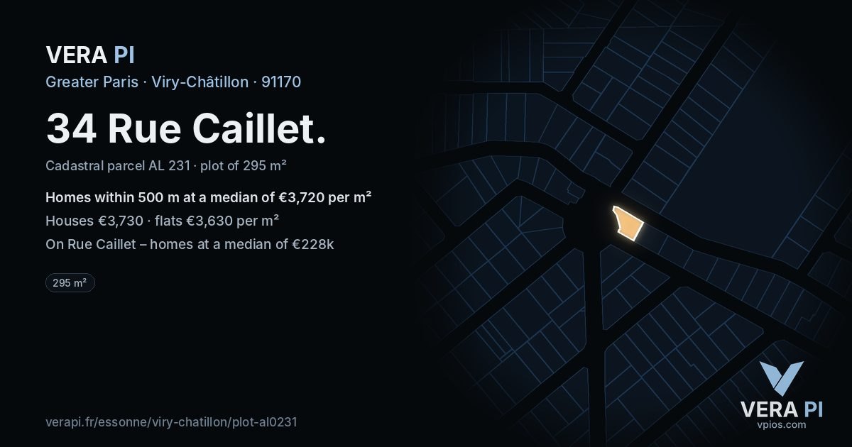 34 Rue Caillet, Viry-Châtillon at night – the plot lit, the parcels around coloured by the prices near them