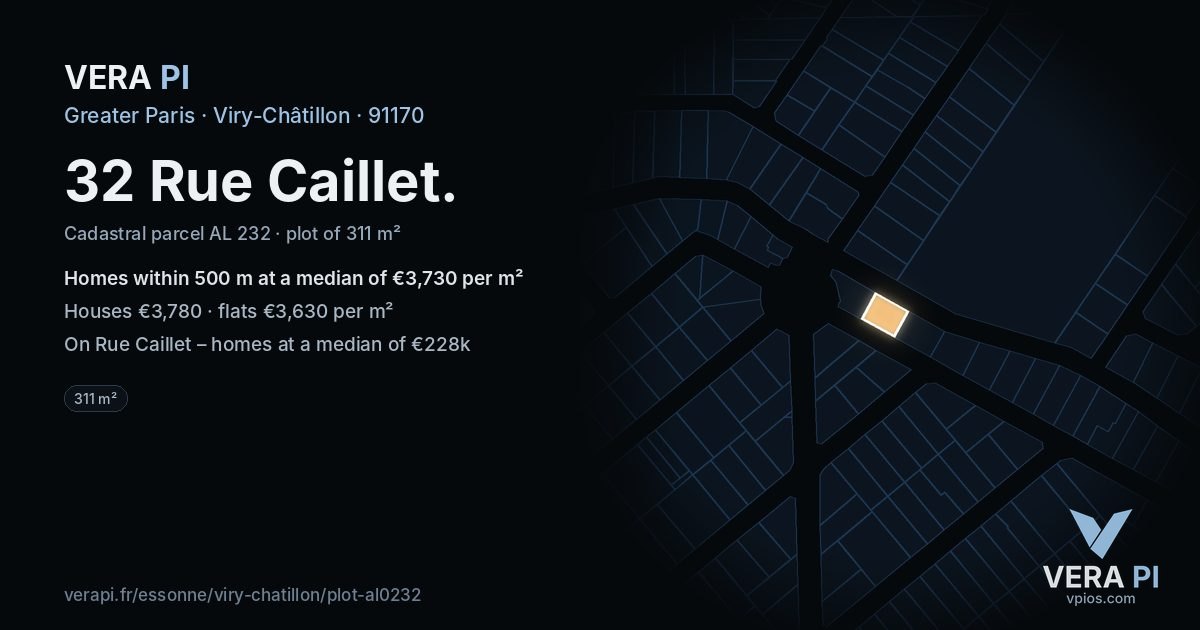 32 Rue Caillet, Viry-Châtillon at night – the plot lit, the parcels around coloured by the prices near them
