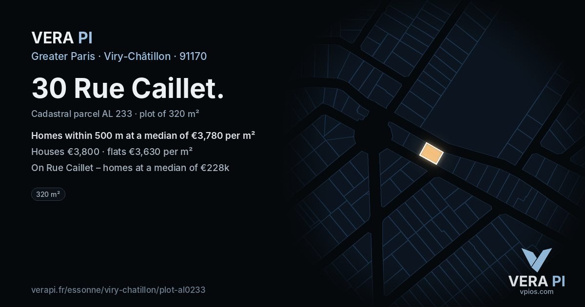 30 Rue Caillet, Viry-Châtillon at night – the plot lit, the parcels around coloured by the prices near them