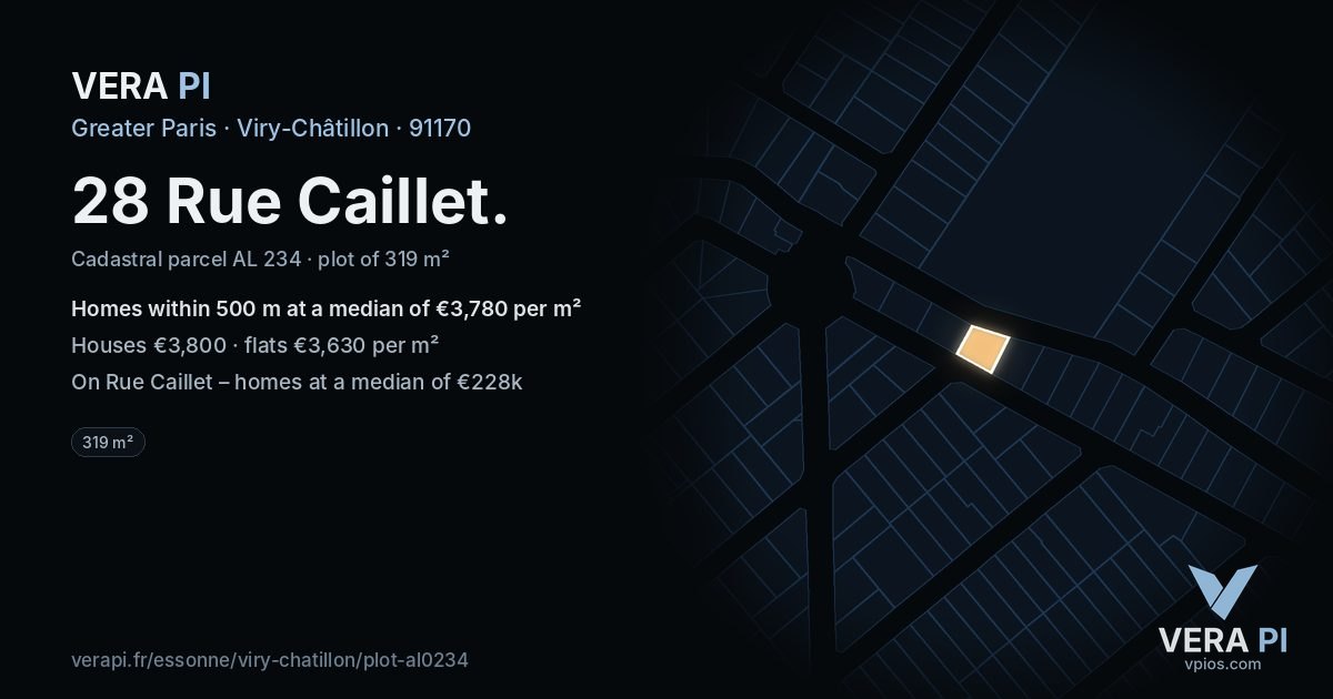 28 Rue Caillet, Viry-Châtillon at night – the plot lit, the parcels around coloured by the prices near them
