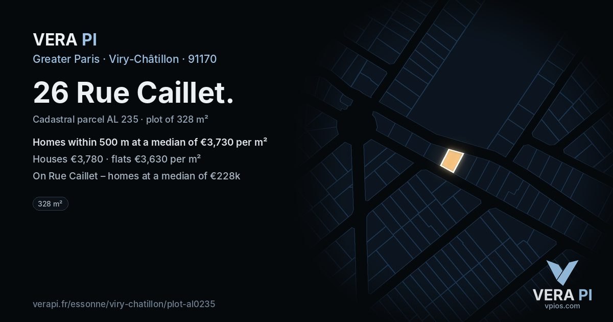 26 Rue Caillet, Viry-Châtillon at night – the plot lit, the parcels around coloured by the prices near them