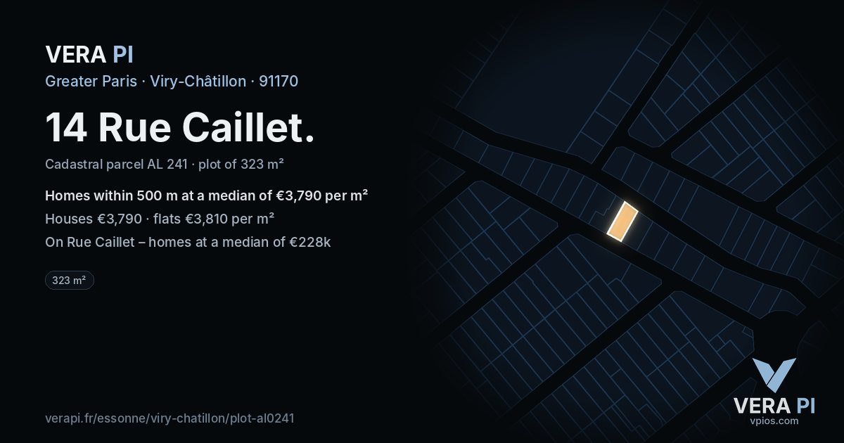 14 Rue Caillet, Viry-Châtillon at night – the plot lit, the parcels around coloured by the prices near them