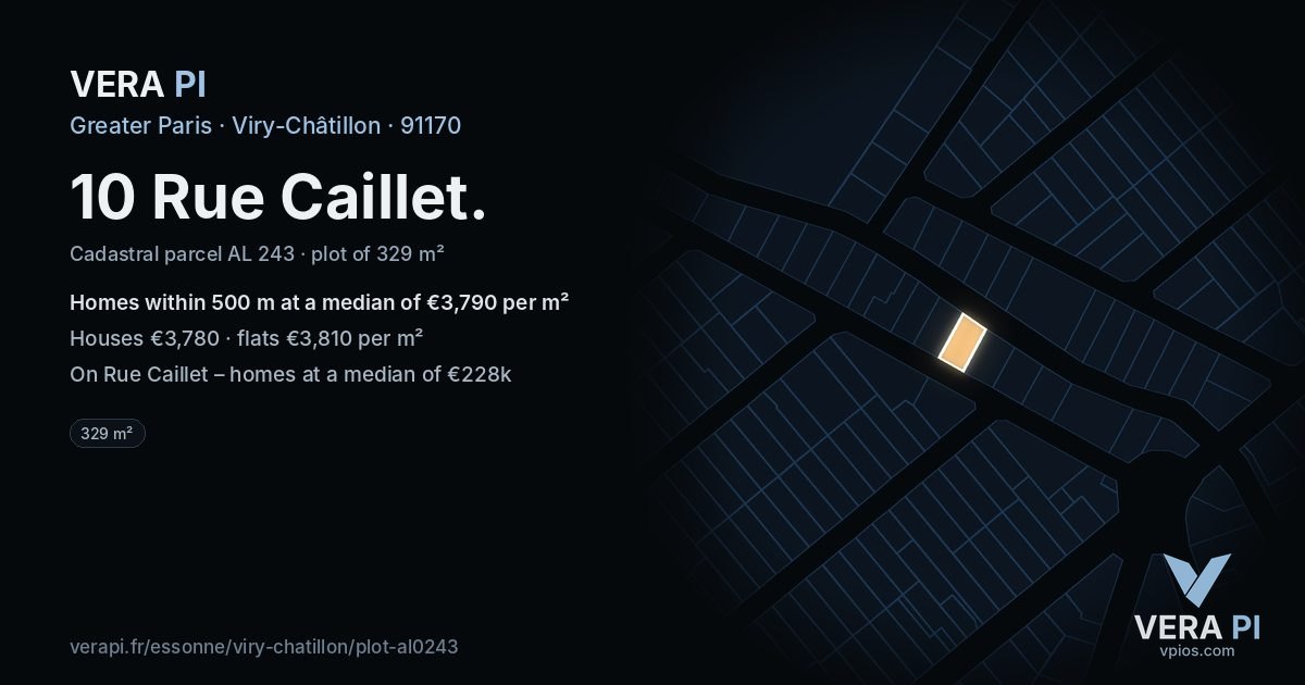 10 Rue Caillet, Viry-Châtillon at night – the plot lit, the parcels around coloured by the prices near them