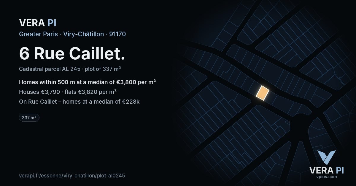 6 Rue Caillet, Viry-Châtillon at night – the plot lit, the parcels around coloured by the prices near them