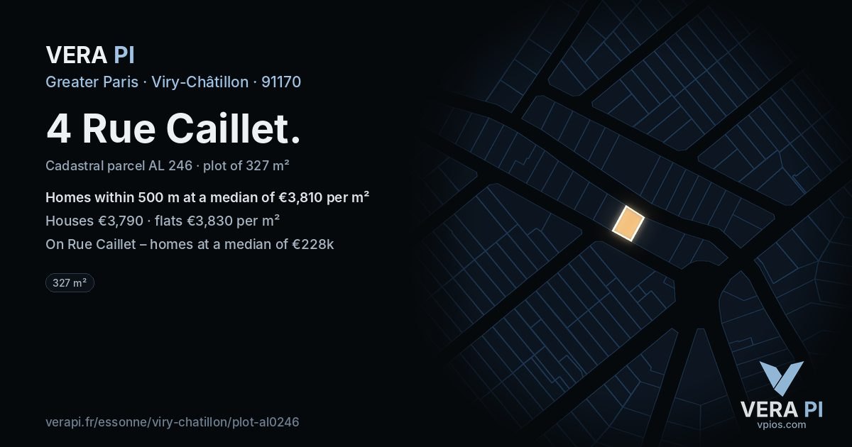 4 Rue Caillet, Viry-Châtillon at night – the plot lit, the parcels around coloured by the prices near them