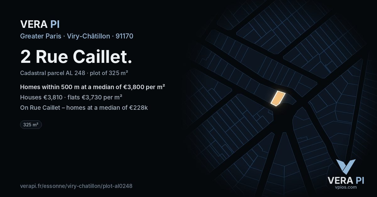 2 Rue Caillet, Viry-Châtillon at night – the plot lit, the parcels around coloured by the prices near them