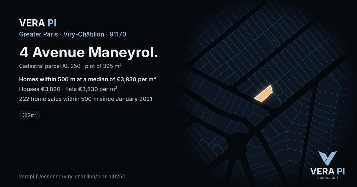4 Avenue Maneyrol, Viry-Châtillon at night – the plot lit, the parcels around coloured by the prices near them