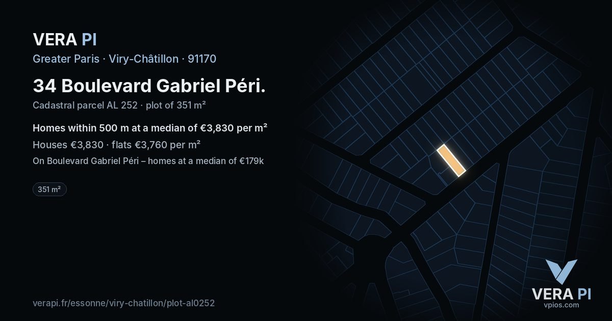 34 Boulevard Gabriel Péri, Viry-Châtillon at night – the plot lit, the parcels around coloured by the prices near them