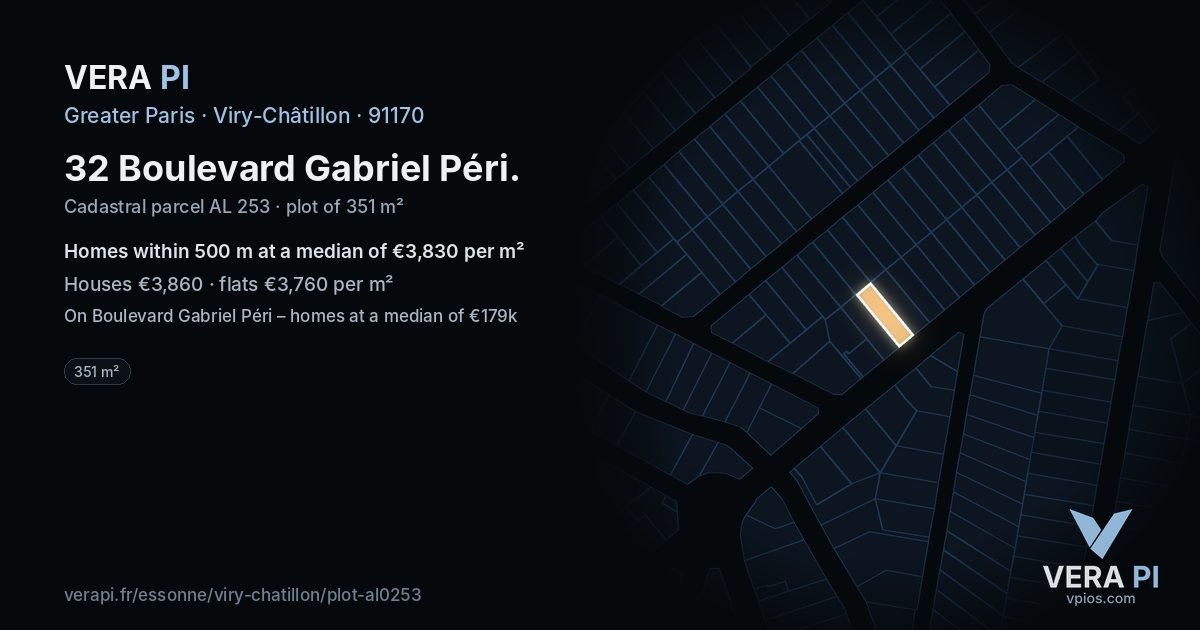 32 Boulevard Gabriel Péri, Viry-Châtillon at night – the plot lit, the parcels around coloured by the prices near them