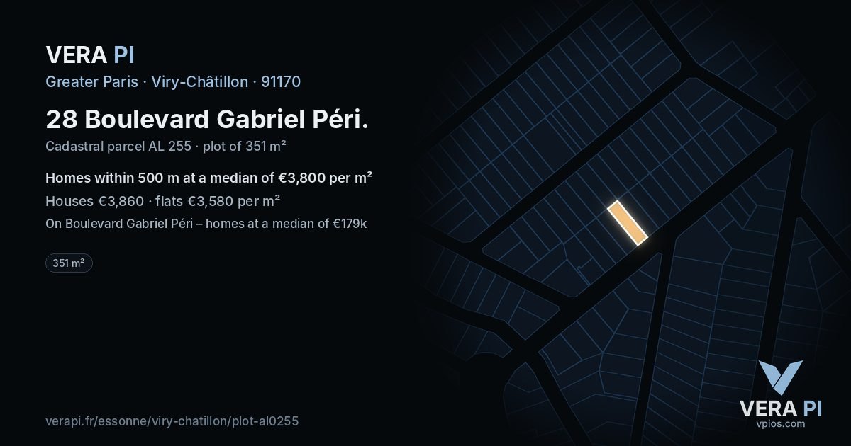 28 Boulevard Gabriel Péri, Viry-Châtillon at night – the plot lit, the parcels around coloured by the prices near them