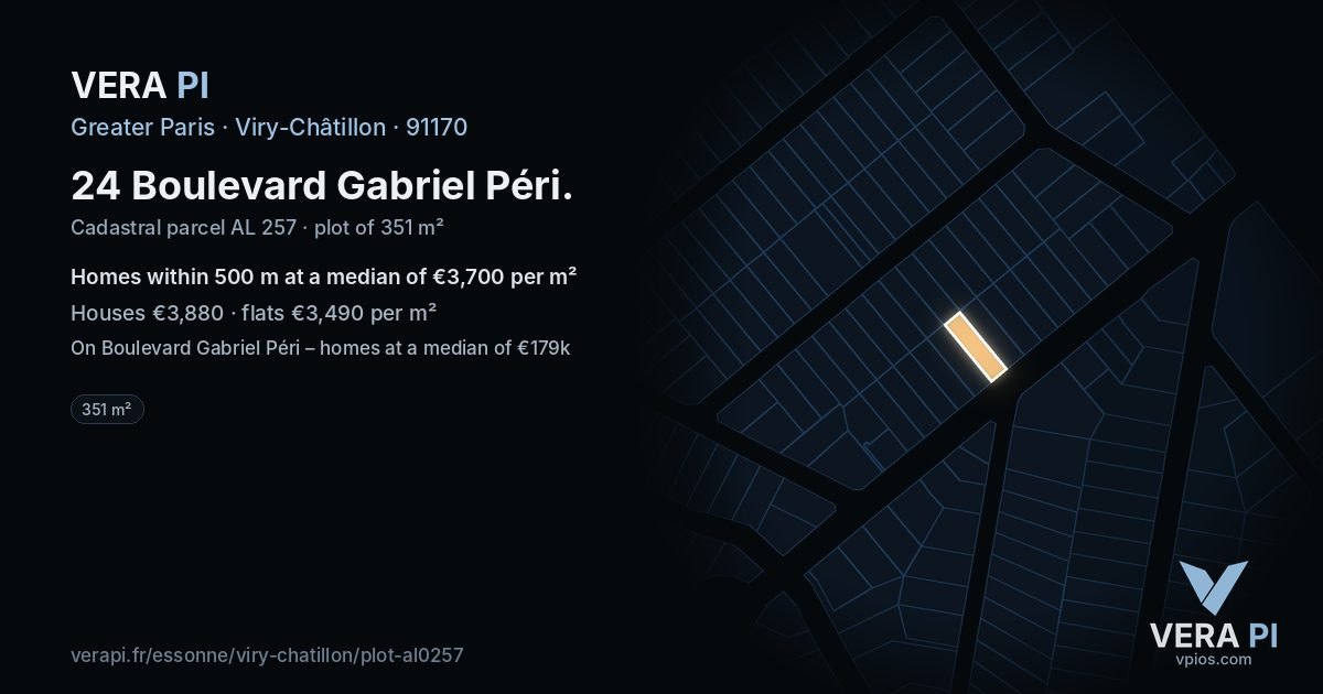 24 Boulevard Gabriel Péri, Viry-Châtillon at night – the plot lit, the parcels around coloured by the prices near them