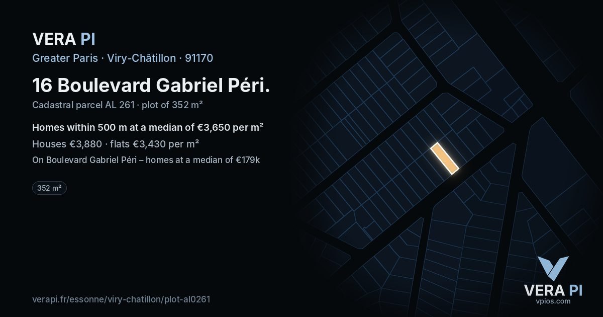 16 Boulevard Gabriel Péri, Viry-Châtillon at night – the plot lit, the parcels around coloured by the prices near them