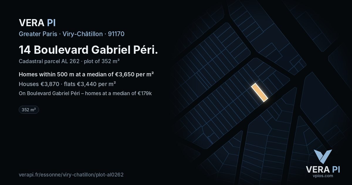 14 Boulevard Gabriel Péri, Viry-Châtillon at night – the plot lit, the parcels around coloured by the prices near them