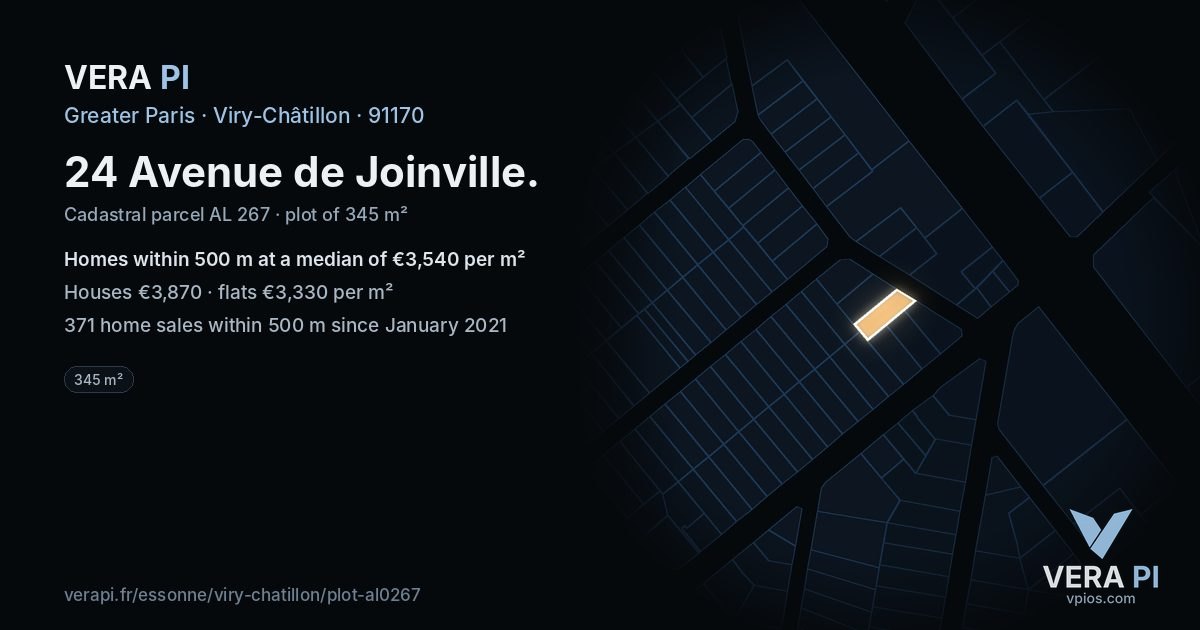 24 Avenue de Joinville, Viry-Châtillon at night – the plot lit, the parcels around coloured by the prices near them