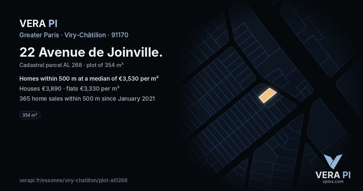 22 Avenue de Joinville, Viry-Châtillon at night – the plot lit, the parcels around coloured by the prices near them