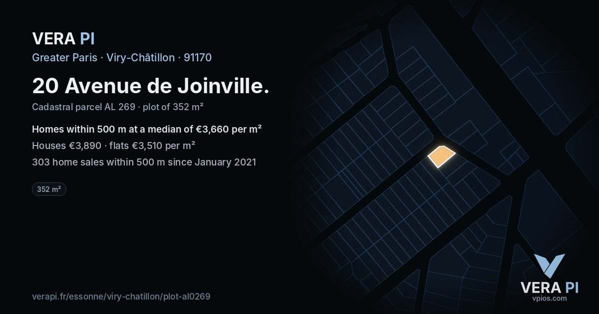 20 Avenue de Joinville, Viry-Châtillon at night – the plot lit, the parcels around coloured by the prices near them
