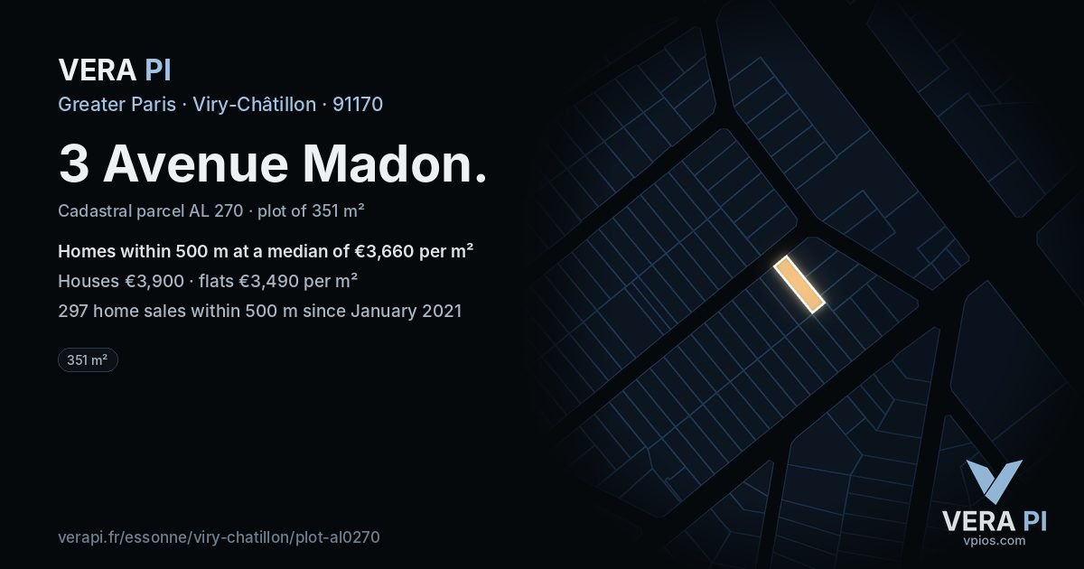 3 Avenue Madon, Viry-Châtillon at night – the plot lit, the parcels around coloured by the prices near them