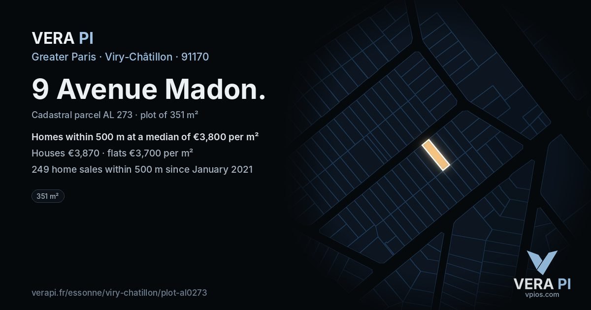 9 Avenue Madon, Viry-Châtillon at night – the plot lit, the parcels around coloured by the prices near them