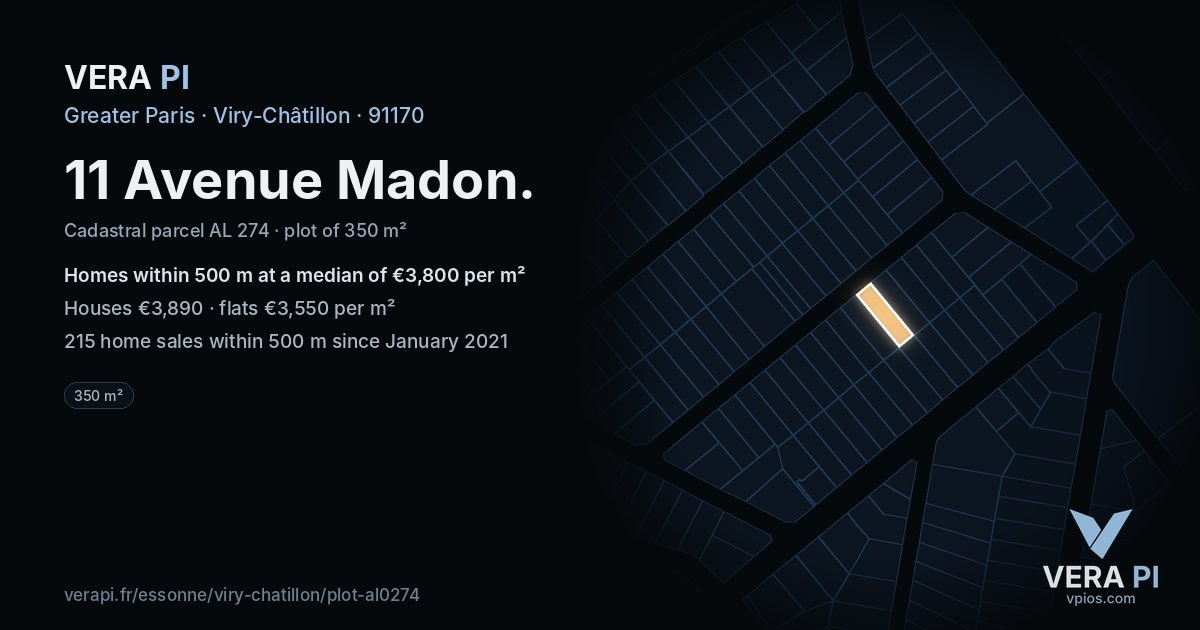 11 Avenue Madon, Viry-Châtillon at night – the plot lit, the parcels around coloured by the prices near them