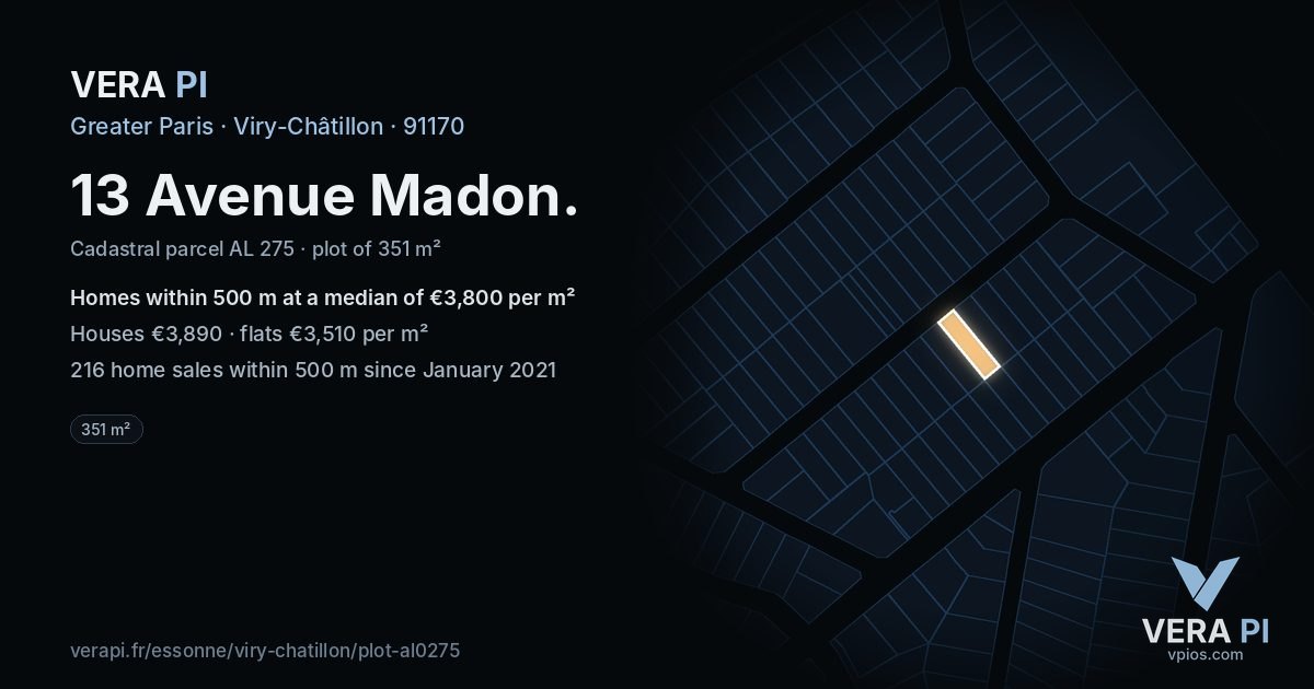13 Avenue Madon, Viry-Châtillon at night – the plot lit, the parcels around coloured by the prices near them