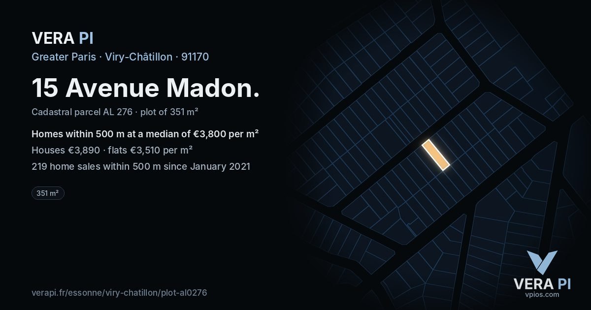 15 Avenue Madon, Viry-Châtillon at night – the plot lit, the parcels around coloured by the prices near them