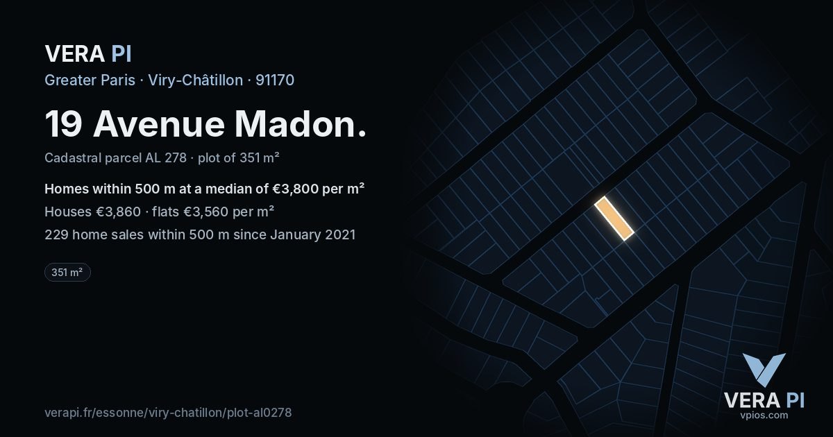 19 Avenue Madon, Viry-Châtillon at night – the plot lit, the parcels around coloured by the prices near them