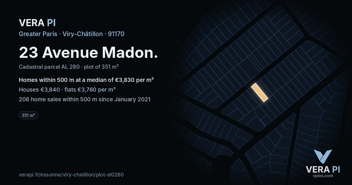 23 Avenue Madon, Viry-Châtillon at night – the plot lit, the parcels around coloured by the prices near them