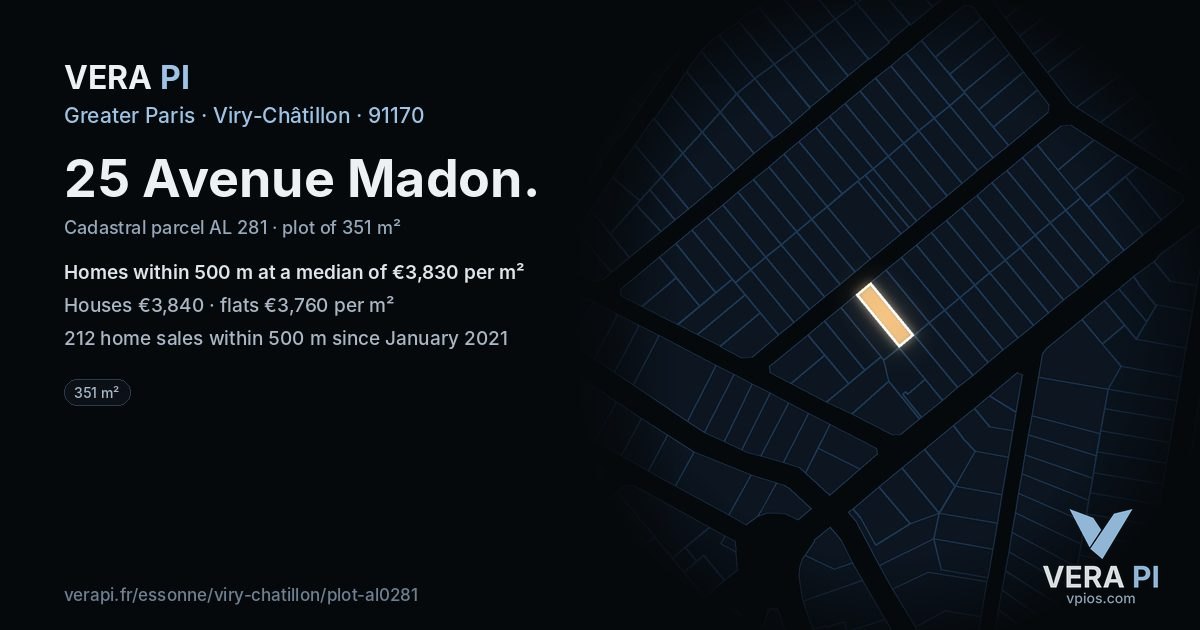 25 Avenue Madon, Viry-Châtillon at night – the plot lit, the parcels around coloured by the prices near them