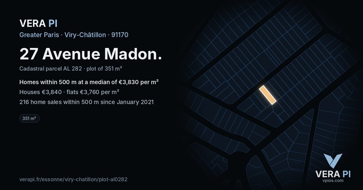 27 Avenue Madon, Viry-Châtillon at night – the plot lit, the parcels around coloured by the prices near them