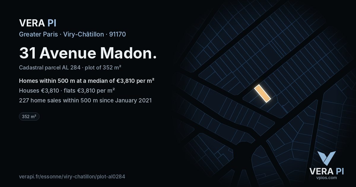 31 Avenue Madon, Viry-Châtillon at night – the plot lit, the parcels around coloured by the prices near them