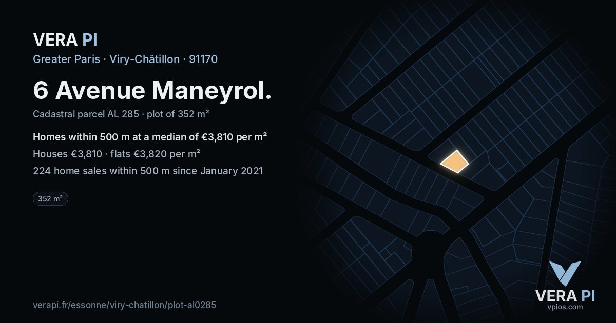 6 Avenue Maneyrol, Viry-Châtillon at night – the plot lit, the parcels around coloured by the prices near them