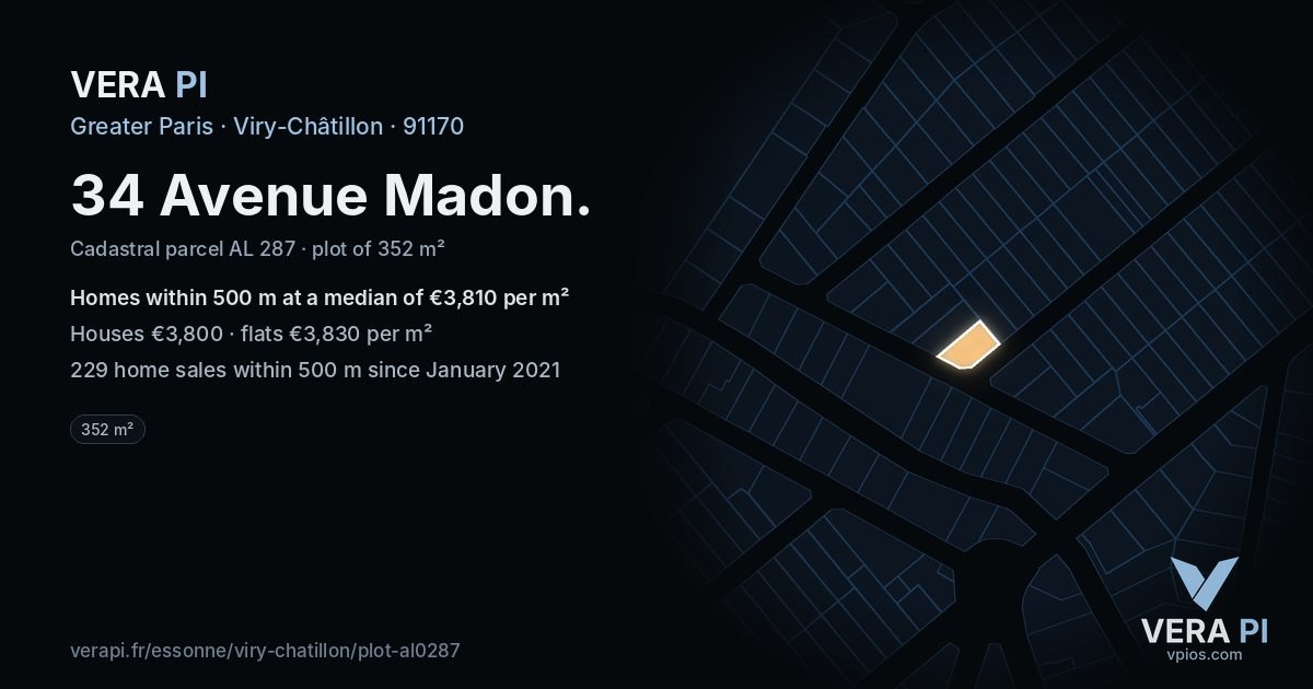 34 Avenue Madon, Viry-Châtillon at night – the plot lit, the parcels around coloured by the prices near them