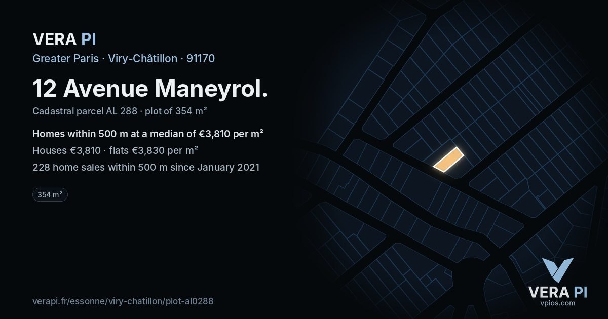 12 Avenue Maneyrol, Viry-Châtillon at night – the plot lit, the parcels around coloured by the prices near them