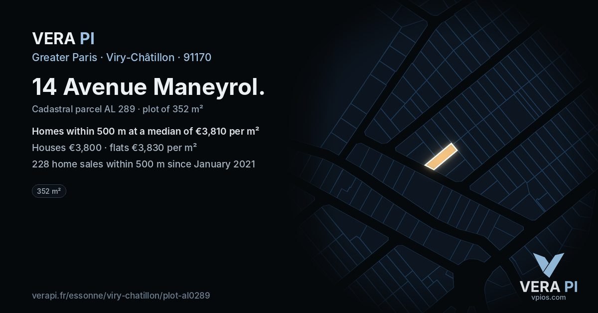 14 Avenue Maneyrol, Viry-Châtillon at night – the plot lit, the parcels around coloured by the prices near them