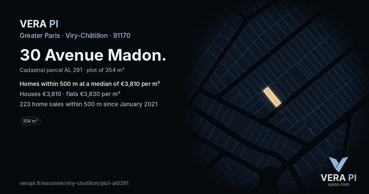 30 Avenue Madon, Viry-Châtillon at night – the plot lit, the parcels around coloured by the prices near them