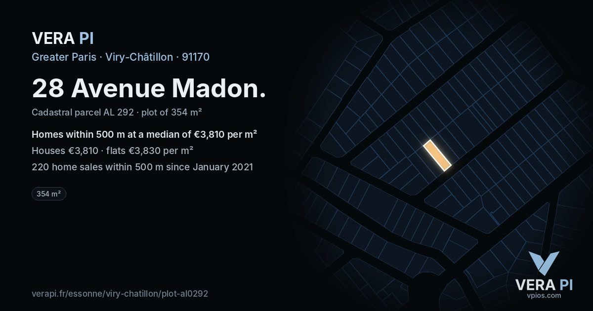 28 Avenue Madon, Viry-Châtillon at night – the plot lit, the parcels around coloured by the prices near them