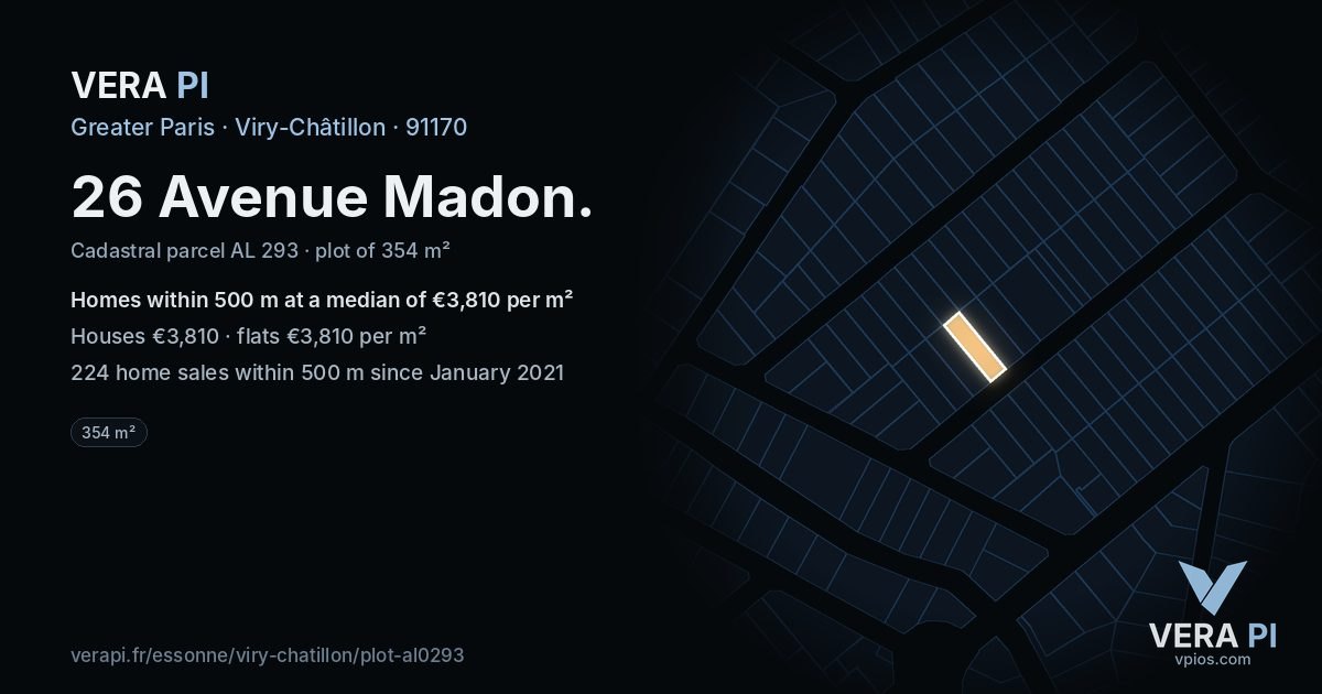 26 Avenue Madon, Viry-Châtillon at night – the plot lit, the parcels around coloured by the prices near them