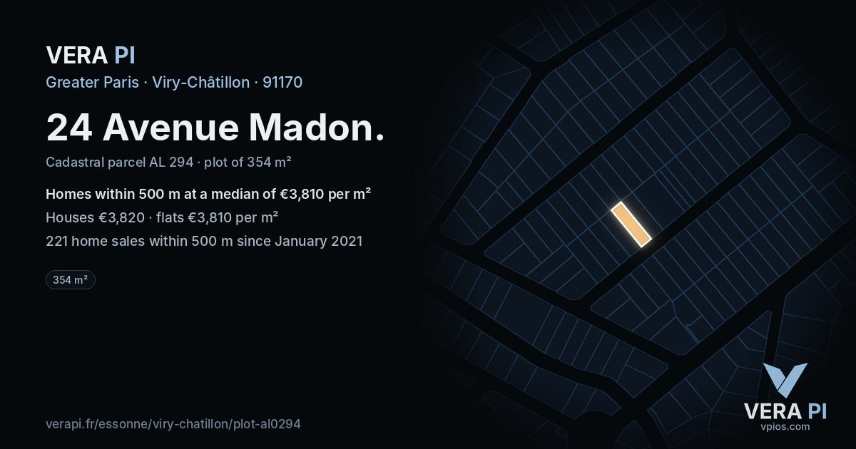 24 Avenue Madon, Viry-Châtillon at night – the plot lit, the parcels around coloured by the prices near them