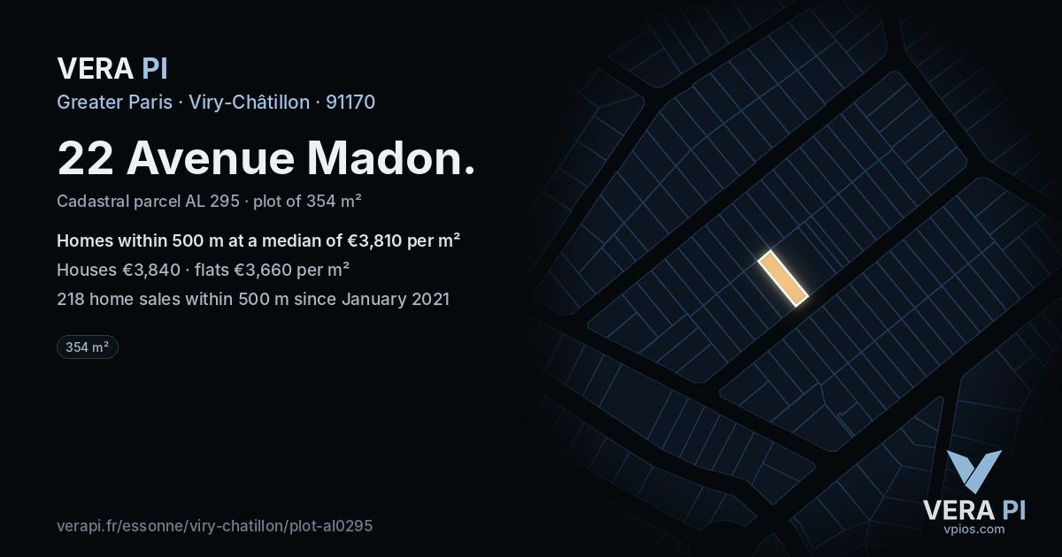 22 Avenue Madon, Viry-Châtillon at night – the plot lit, the parcels around coloured by the prices near them