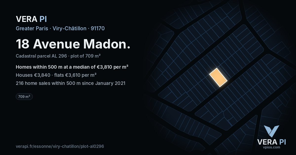 18 Avenue Madon, Viry-Châtillon at night – the plot lit, the parcels around coloured by the prices near them