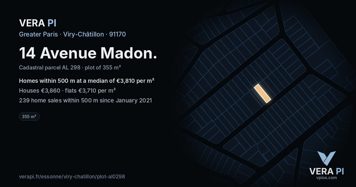 14 Avenue Madon, Viry-Châtillon at night – the plot lit, the parcels around coloured by the prices near them