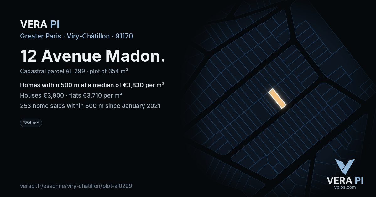 12 Avenue Madon, Viry-Châtillon at night – the plot lit, the parcels around coloured by the prices near them