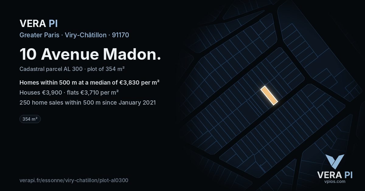 10 Avenue Madon, Viry-Châtillon at night – the plot lit, the parcels around coloured by the prices near them